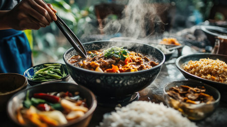 A steaming bowl of flavorful Asian cuisine featuring fresh ingredients and vibrant colors. Perfect for showcasing culinary artistry and dining experiences.の素材