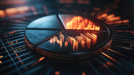 Captivating digital data visualization featuring a glowing pie chart with graph elements, perfect for illustrating analytics, business trends, and technology themes.の素材
