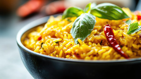 A vibrant bowl of aromatic rice, garnished with fresh basil and chili, capturing the essence of flavorful cooking in a modern kitchen setting.の素材
