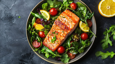 A beautifully presented grilled salmon fillet on a bed of fresh greens, adorned with cherry tomatoes and citrus slices for a healthy meal option.の素材