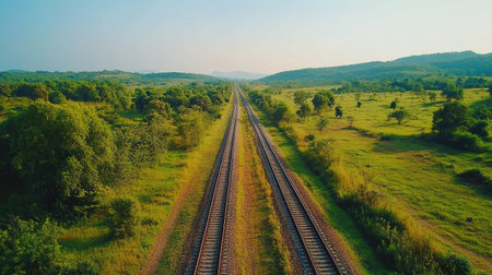A picturesque view of railroad tracks stretching into the distance, surrounded by vibrant green fields and trees. Ideal for travel and nature themes.の素材