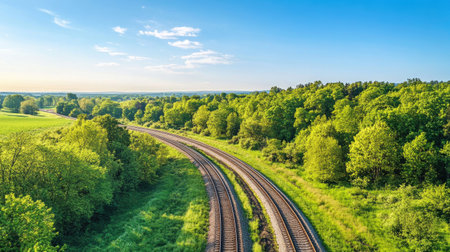 A breathtaking view of railway tracks winding through lush green forests under a clear blue sky, capturing the beauty of nature and tranquility.の素材