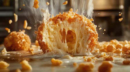 A crispy snack bursts open to reveal oozing melted cheese, creating a mouthwatering visual explosion. Perfect for food lovers and culinary enthusiasts.の素材
