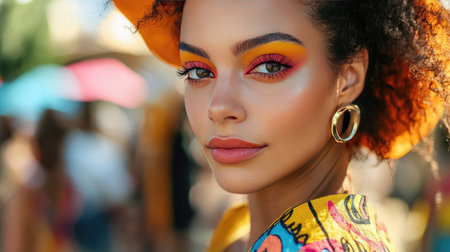 Stunning portrait of a model showcasing vibrant makeup and a colorful outfit. Her confident expression and stylish accessories evoke a joyful summer atmosphere.の素材