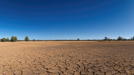 A vast dry landscape featuring cracked earth under a clear blue sky. This image captures the effects of drought, highlighting environmental and agricultural challenges.の素材