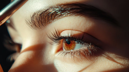 A stunning close-up of an eye showcasing beautiful eyelashes and a perfectly shaped eyebrow. Natural light enhances the rich color and detail for an artistic effect.の素材