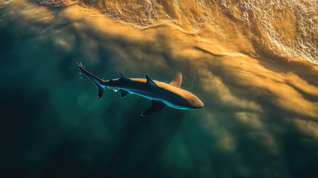 A stunning aerial view of a shark gliding over shimmering ocean waves, showcasing the beauty of marine life and the tranquility of the sea.の素材