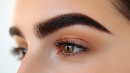 Eye-catching close-up of a beautiful eye showcasing perfectly shaped eyebrows and long lashes, highlighting natural beauty and elegance in a soft, serene setting.の素材