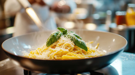 A flavorful pasta dish topped with fresh basil and grated cheese, beautifully plated and steaming. Ideal for food enthusiasts, photographers, and chefs.の素材