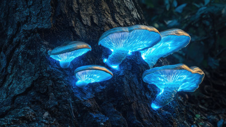 A captivating scene of glowing mushrooms on a dark tree trunk, illuminating the forest with their ethereal blue light. Perfect for nature lovers.の素材