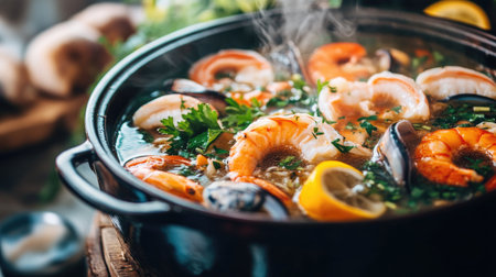 A vibrant seafood dish featuring shrimp, shellfish, and fresh herbs steaming in a pot. Perfect for culinary enthusiasts seeking delicious recipes.の素材