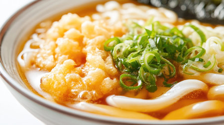 A close-up view of a delicious bowl of udon noodles topped with fresh green onion and crispy tempura bits in savory broth. Perfect for food lovers.の素材