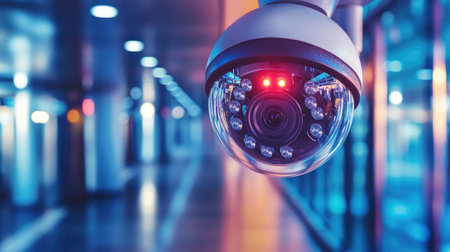 A close-up view of a modern security camera in an urban setting, showcasing its advanced features and technology, ensuring safety and monitoring.の素材