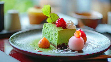 A vibrant matcha dessert slice elegantly garnished with fresh raspberry, cream, and colorful fruit candies on a stylish plate, perfect for gourmet presentations.の素材