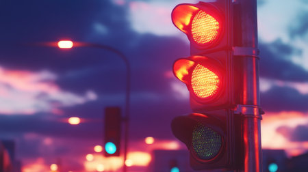 A vibrant depiction of a traffic light signaling red and green against a dramatic evening sky. Ideal for themes of transportation and urban life.の素材