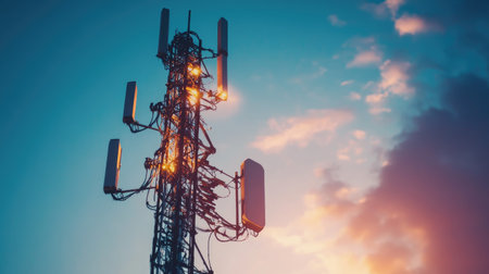 A striking telecom tower illuminated at sunset, surrounded by colorful clouds. This image captures the essence of modern communication technology against a dramatic sky.の素材