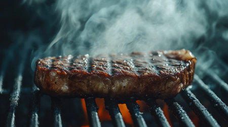A mouthwatering steak sizzling on a grill, producing delicious smoke and flavor. Ideal for culinary-related projects or food promotions.の素材
