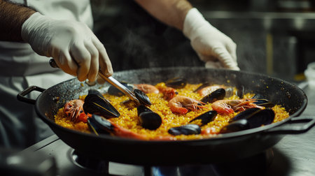 A chef expertly prepares a vibrant seafood paella in a professional kitchen. The dish features fresh shrimp and mussels amidst aromatic spices and steam.の素材