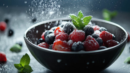 A vibrant bowl of fresh berries garnished with mint, captured with sugar being dusted, creating a visually appealing and delicious treat perfect for summer.の素材