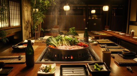 A warm and inviting Japanese restaurant setting featuring a steaming hot pot filled with fresh vegetables and meat, perfect for a cozy dining experience.の素材
