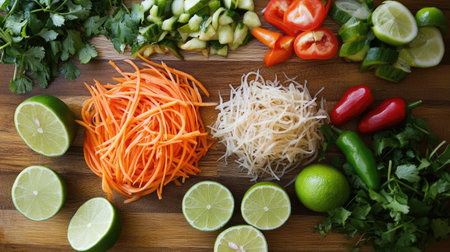 A vibrant assortment of fresh vegetables and herbs arranged on a wooden cutting board, perfect for salad preparation or cooking demonstrations.の素材