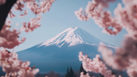 Captivating view of Mount Fuji framed by pink cherry blossoms in spring, showcasing a serene landscape filled with natural beauty and tranquility.の素材