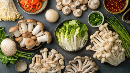 An array of fresh vegetables and mushrooms beautifully arranged on a tabletop, ideal for culinary inspiration and healthy meal preparation.の素材