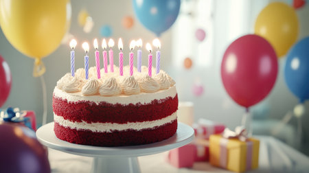 A vibrant birthday cake with colorful candles stands on a table, surrounded by festive balloons and gifts, perfect for celebrations and joyful moments.の素材