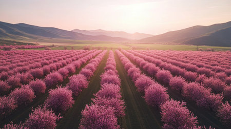 A breathtaking view of a vibrant blossom field in spring, showcasing rows of pink flowers under soft morning light, surrounded by rolling hills and nature's beauty.の素材