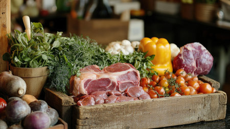 A vibrant assortment of fresh vegetables and meat displayed on a rustic wooden table, perfect for culinary inspiration and healthy cooking ideas.の素材