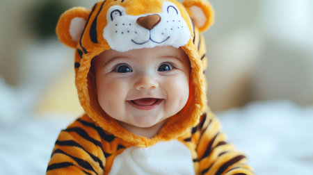 A joyful baby wearing a tiger costume with a big smile, radiating happiness and innocence in a cozy indoor setting. Perfect for family themes.の素材