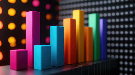 A vibrant bar graph representation against a sleek digital backdrop, showcasing colorful bars that symbolize data analysis and visualization in a modern context.の素材