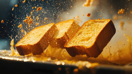 Dynamic image of fresh bread slices splashing during cooking, capturing the essence of culinary creation and the joy of preparing delicious meals.の素材