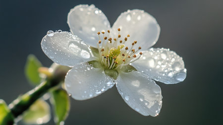 A stunning closeup of a delicate white flower adorned with dew drops, showcasing the beauty of nature and the intricacies of its petals. Perfect for botanical themes.の素材
