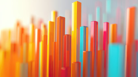 Colorful vertical bars rise in a serene, abstract landscape, creating a vibrant visual experience. Ideal for modern design and technology themes.の素材