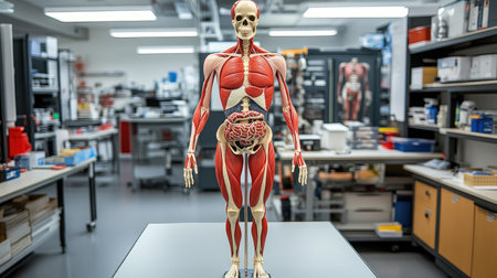 A detailed anatomical model displaying human muscles and organs, positioned in a laboratory environment. Ideal for educational purposes and scientific study.の素材