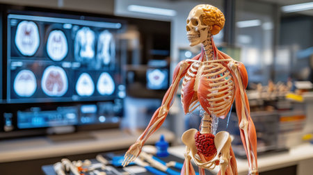 A detailed anatomical model showcasing the human skeleton and organs in a modern medical classroom, ideal for educational and training purposes.の素材