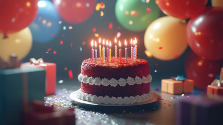 A vibrant birthday cake with lit candles stands amid colorful balloons, creating a joyful celebration atmosphere perfect for capturing special moments and festive memories.の素材
