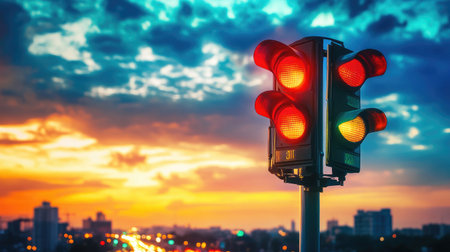 A vibrant traffic light shows red and green signals against a stunning sunset sky in a bustling urban environment. The scene captures a tranquil moment in the city.の素材