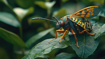 A vibrant and colorful insect resting on a green leaf, showcasing intricate patterns and details in its natural habitat. Perfect for nature lovers.の素材