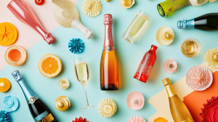 An eye-catching layout featuring an assortment of colorful drinks and decorative elements, perfect for celebrations and events. Ideal for themes of joy and festivities.の素材