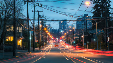 A dynamic view of a city street at dusk, showcasing light trails from moving vehicles. Power lines create patterns against the skyline, emphasizing urban life.の素材