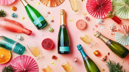 A vibrant arrangement of champagne bottles and glasses surrounded by colorful decorations, fruits, and sweets, perfect for a festive celebration.の素材