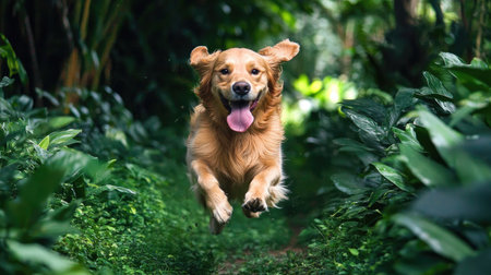 A joyful golden retriever leaps through lush greenery, embodying pure happiness and energy. Perfect for pet lovers and nature enthusiasts.の素材