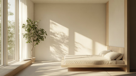 A serene minimalist bedroom showcasing natural light streaming through large windows. Soft textures and a single plant create a peaceful atmosphere.の素材