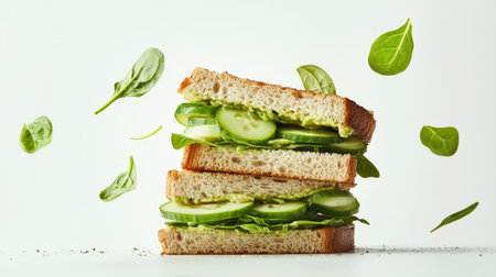A delicious and healthy sandwich featuring layers of fresh spinach and cucumber, showcasing vibrant green colors and wholesome ingredients in a simple composition.の素材