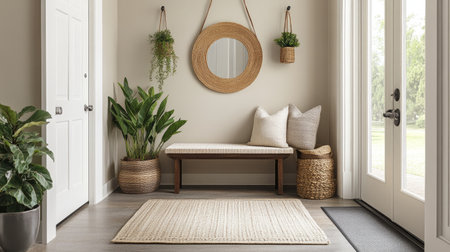 Bright and cozy entryway featuring a comfortable bench, natural decor, and greenery. Perfect for creating an inviting and warm atmosphere in any home.の素材