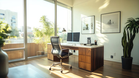 Bright and modern home office featuring a sleek desk, comfortable chair, and lush plants. Perfect for a productive and inspiring workspace.の素材