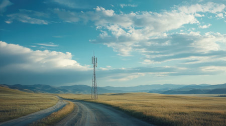 A tranquil landscape featuring a solitary cell tower standing in a vast open field under a beautiful blue sky and fluffy clouds, surrounded by distant mountains.の素材