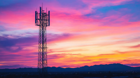 A striking silhouette of a telecommunications tower against a stunning sunset sky, showcasing vibrant colors and a serene landscape filled with distant mountains.の素材